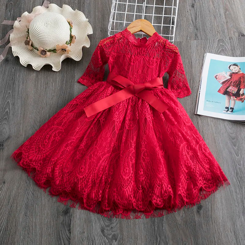 Red Kids Dresses For Girls Flower Lace Tulle Dress Wedding Little Girl Ceremony Party Birthday Dress Children Autumn Clothing