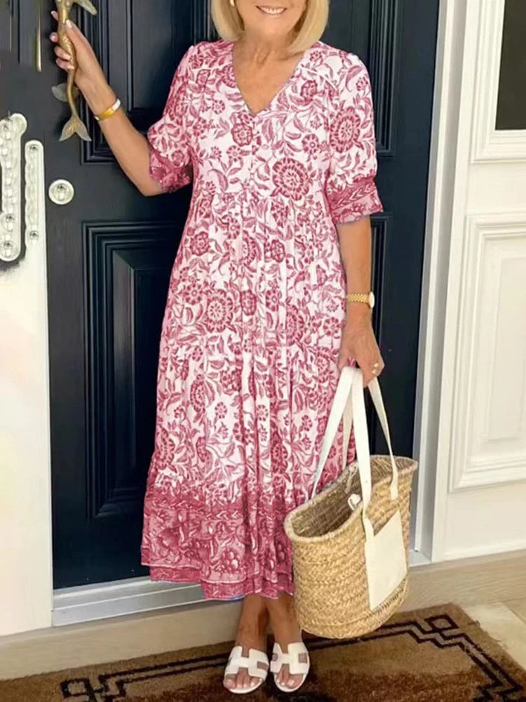 Boho Print Dress Women Summer Long Dress Female Fashion V Neck Half Sleeve Dress Ladies Loose Oversized Beach Party Dress