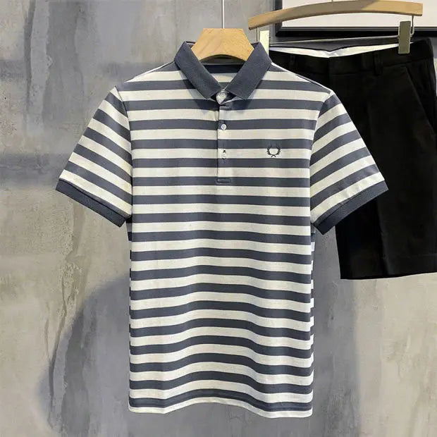 Summer Men Classic Stripe Embroidered Polo Shirt Trend Korean Simple Fashion Casual Lapel Short Sleeve Tees Versatile Slim Tops