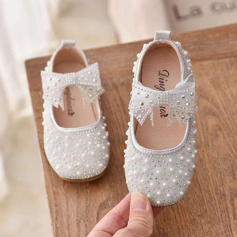 2021 New Girl's Princess Shoes Children's Fashion Bow Rhinestone Sequin Kids Shoe Baby Girls Party Student Flat Leather Shoes