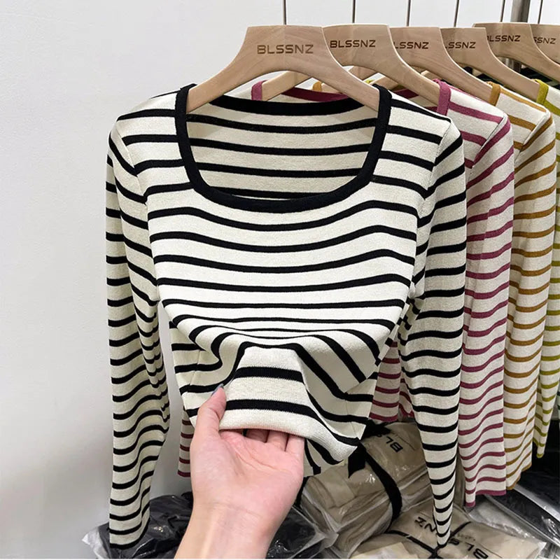 Women Stripes Square Collar Long Sleeve T-Shirt Autumn 2023 New Ladies Simple Fashion Pullover Tops Bottoming Knitted Shirts