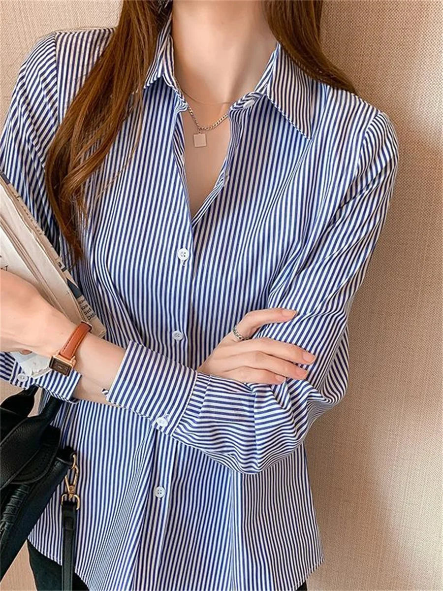 Women Spring Summer Blouses Shirts Lady Fashion Casual Long Sleeve Turn-down Blue Stripes Blusas Tops WY0304