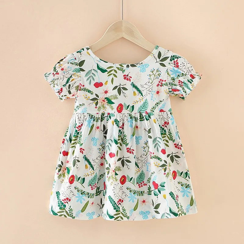 Spring Summer Korean Girls' Clothing Flower Print Cotton Kids Girls A-line Princess Dress Children's Short Sleeve Beach Dress