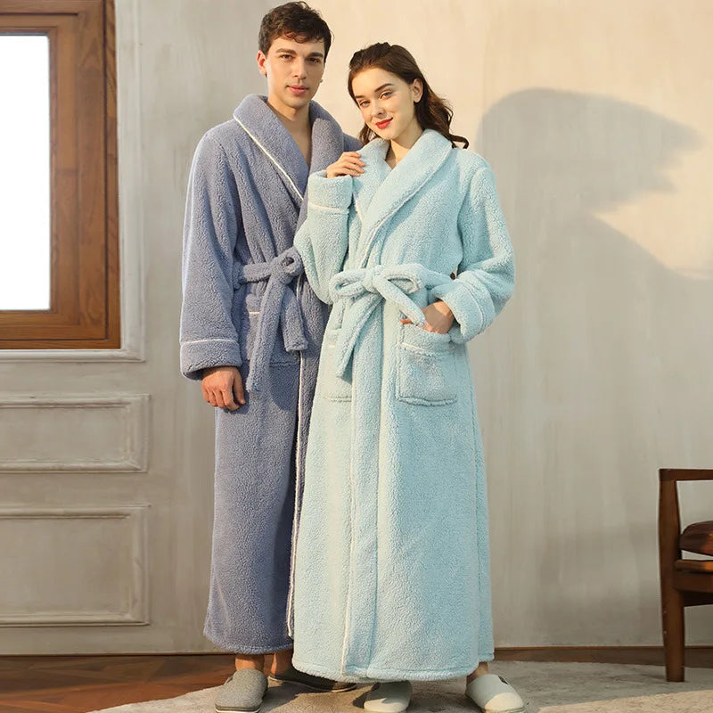 Men's Winter Bathrobe Long Sleeve Warm Turn Down Collar Man Fluffy Bath Robe With Sashes Solid Fleece Dressing Gown For Male