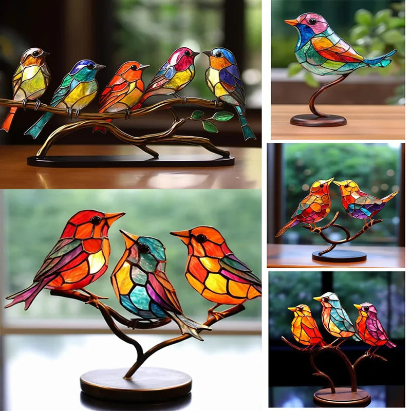 1-5pcs Manual Stained Acrylic Birds On Branch Desktop Ornaments Acrylic Material Double Sided Multicolor Style Birds Decorations