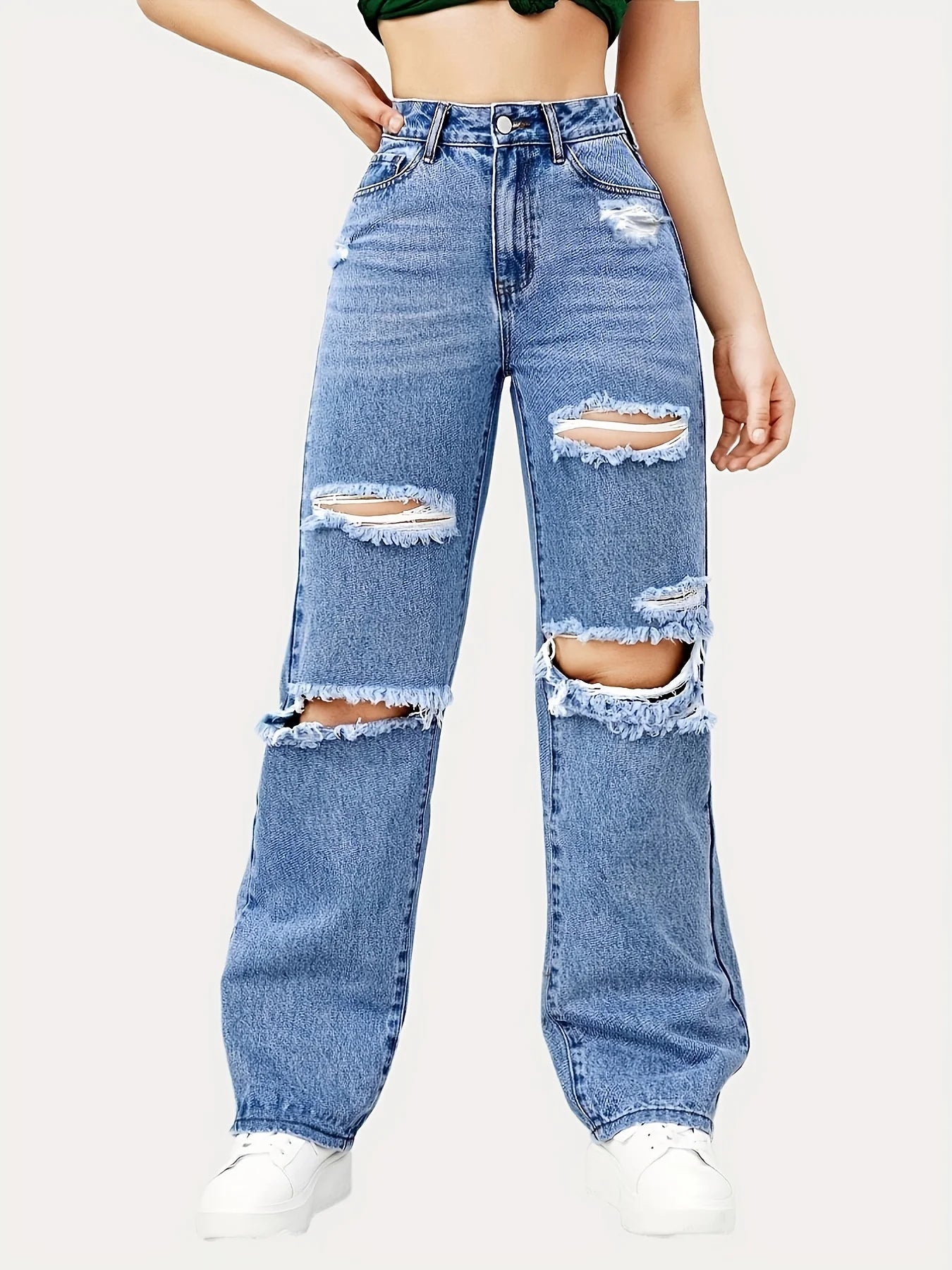 Blue Ripped Baggy Straight Jeans, Slash Pockets Distressed High Waist Loose Fit Denim Pants, Women's Denim Jeans & Clothing