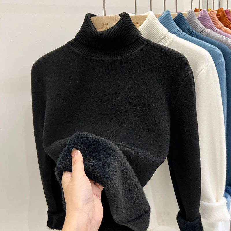 Plush Lined Winter Turtleneck Sweater Warm Slim Long Sleeve Jerseys Tops Thicken Soft Knitted Jumper Korean Women Basic Pullover