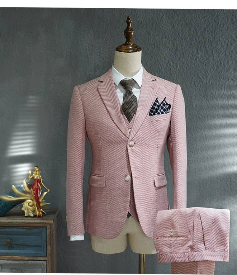 Casual Suit Men Suit Gray Business Formal Dress Suit Mens British Style Groom Wedding Suits Tuxedo 3-piece Traje Novio Pink