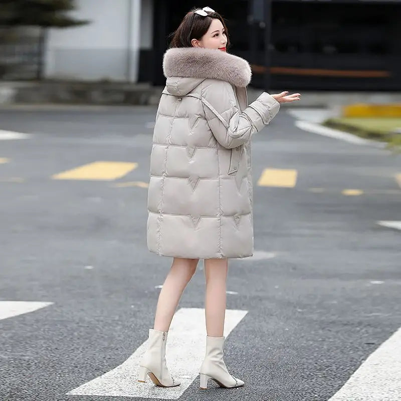 Winter Warm Large Fur Collar Down Coat Women's Fashion Mid Length Hooded Thickened Coat Women' Winter Clothes Women 2023 New