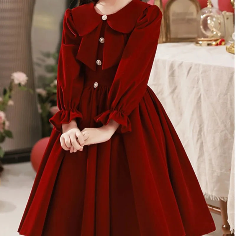 Girls Wine Red Long Sleeve Dress Autumn Winter Children Princess Thick Clothes Kids Christmas Party Piano Performance Dresses