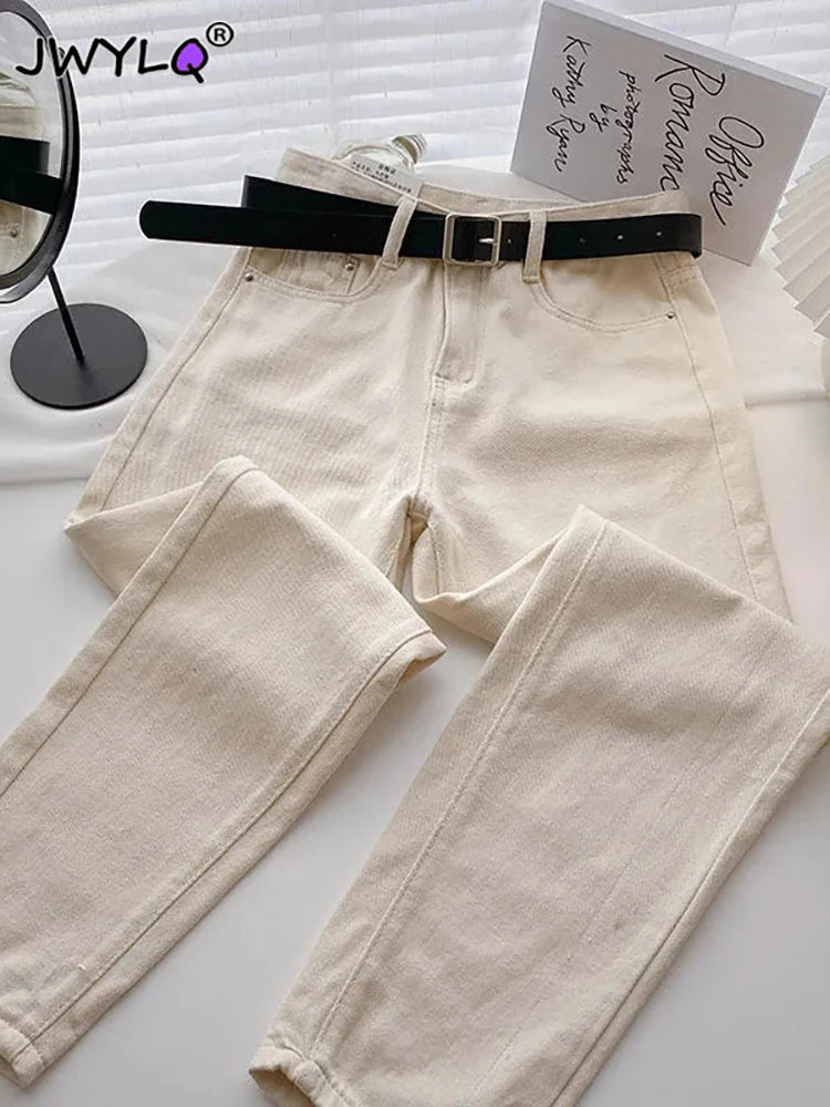 Simple Basic High Waist Straight Pants Woman Spring Autumn Loose Streetwear Women Pants Korean Casual Ankle-length Women Jeans