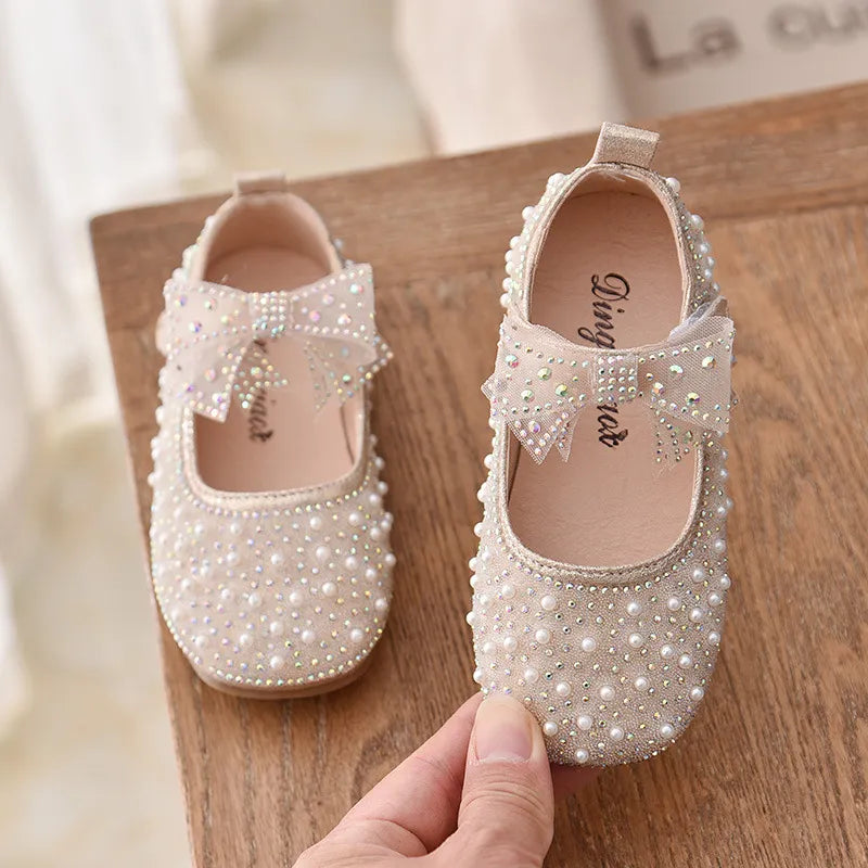 2021 New Girl's Princess Shoes Children's Fashion Bow Rhinestone Sequin Kids Shoe Baby Girls Party Student Flat Leather Shoes