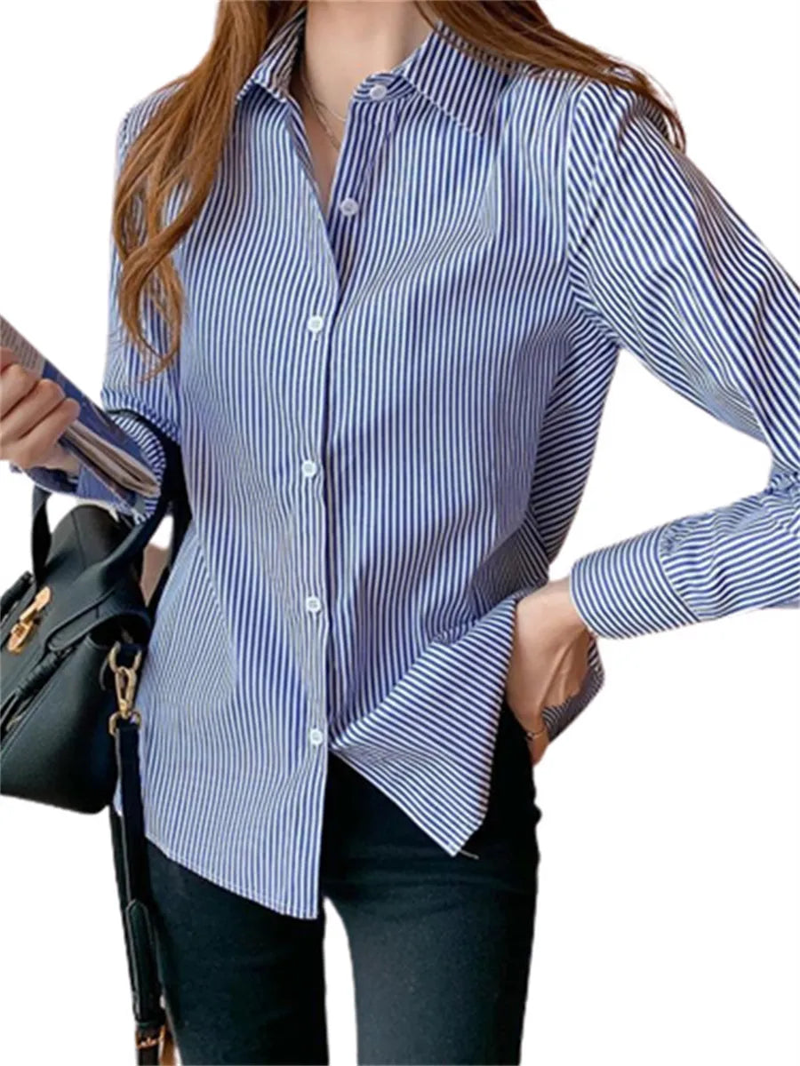 Women Spring Summer Blouses Shirts Lady Fashion Casual Long Sleeve Turn-down Blue Stripes Blusas Tops WY0304