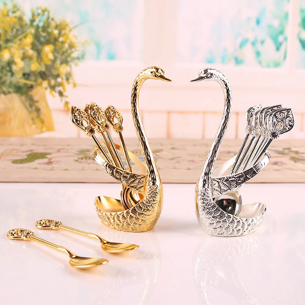 Stainless Steel Creative Dinnerware Set Decorative Swan Base Holder with 6 Spoons for Coffee Fruit Dessert Stirring Mixing