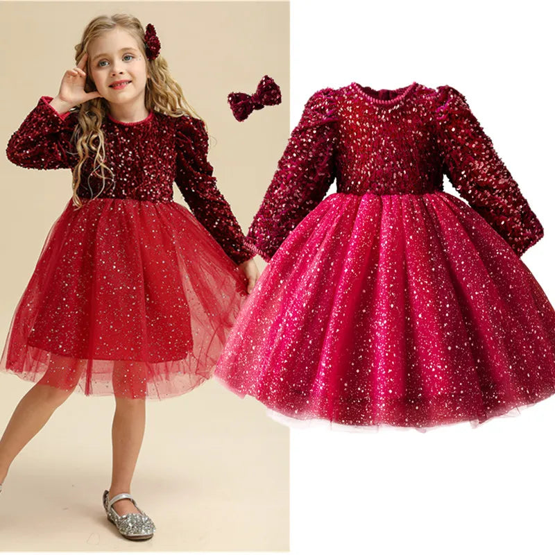 Christmas Girl Clothes for 3-8 Y Birthday Party Red Princess Dress Elegant Causal Sequin Kids Dress New Year Santa Claus Costume