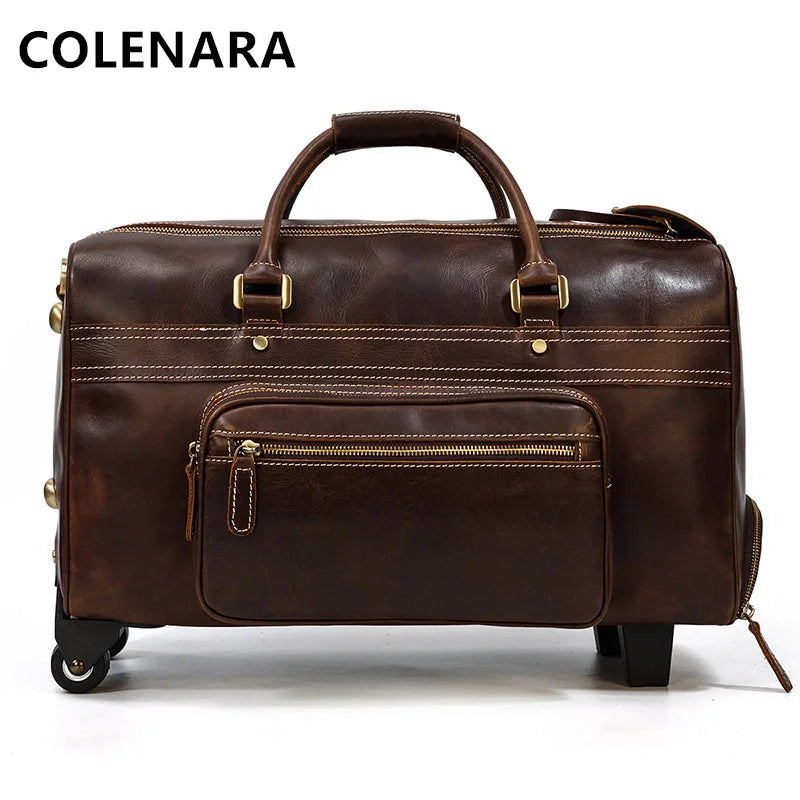 COLENARA 22" Inch New Suitcase Men's Leather Retro Trolley Case Large Capacity Business Handbags with Wheels Rolling Luggage