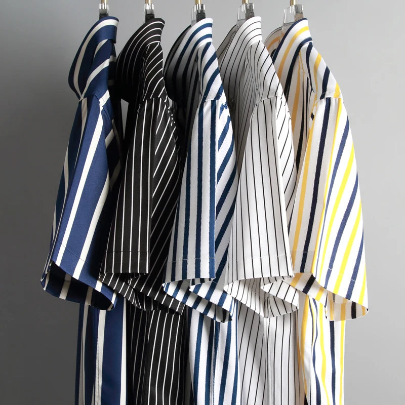 2023  Regular Fit Short Sleeve Strech Striped Shirts for Men Summer Soft Business Men's Dress Shirt Casual