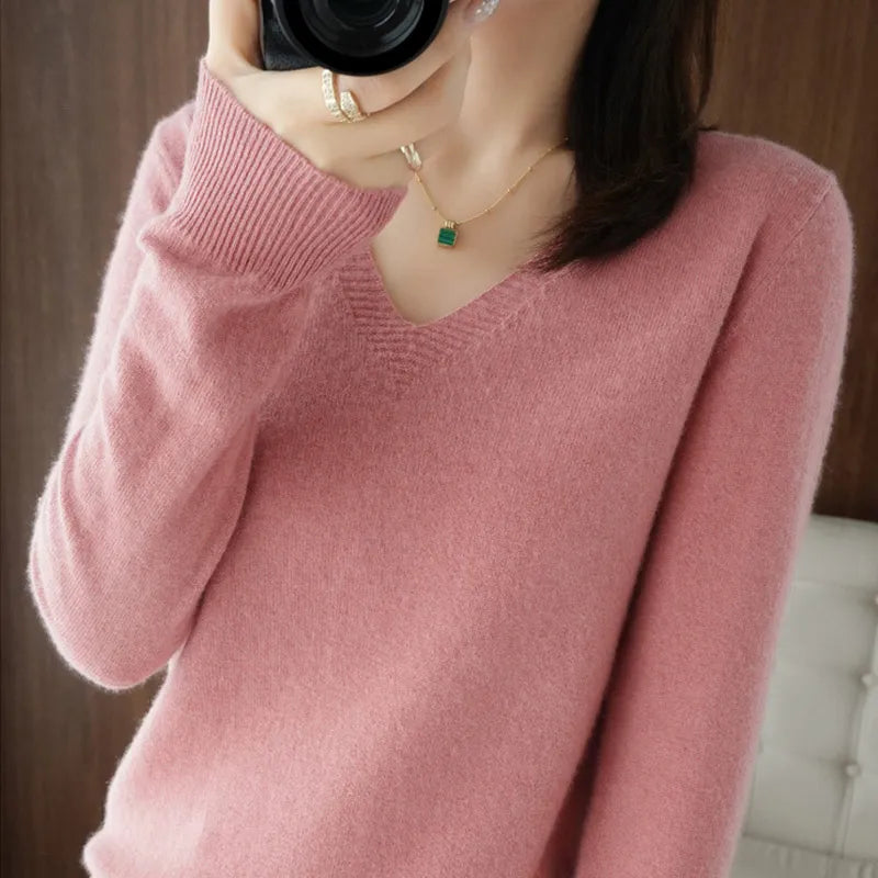 Fall Winter Women V-neck Pullovers Fashion Loose Jumper Warm Bottoming Sweater Plush Cashmere Knitted Pullover Solid Long Sleeve