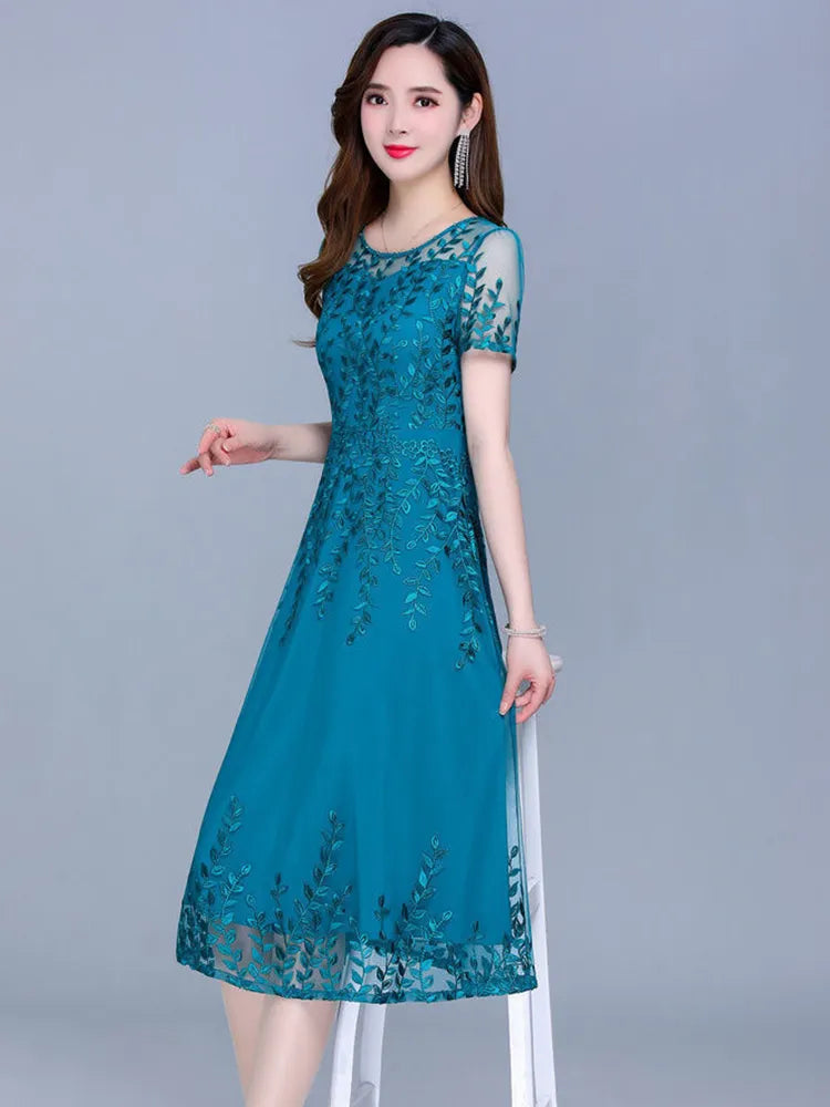 Blue Casual Chiffon Mesh Korean Long Dress Summer Women 2023 New Tunics Midi Fashion Elegant Prom Evening Dresses Short Sleeve