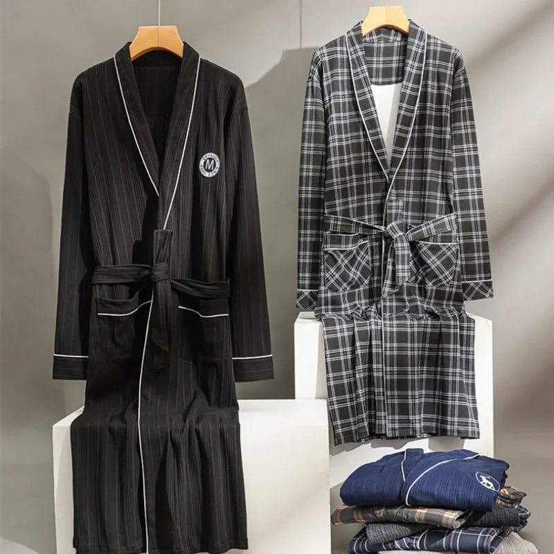 Pure Cotton Long Bath Robe Spring Autumn Plaid Bathrobe Men Sleepwear Kimono Robes For Male Full Bride Robe Dressing Gown M-4XL