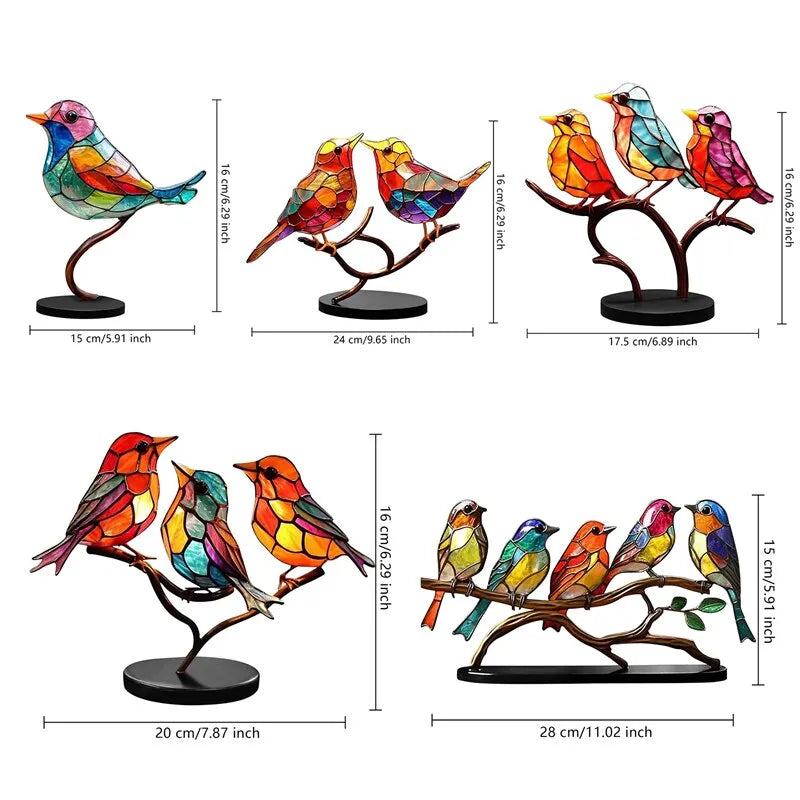 1-5pcs Manual Stained Acrylic Birds On Branch Desktop Ornaments Acrylic Material Double Sided Multicolor Style Birds Decorations