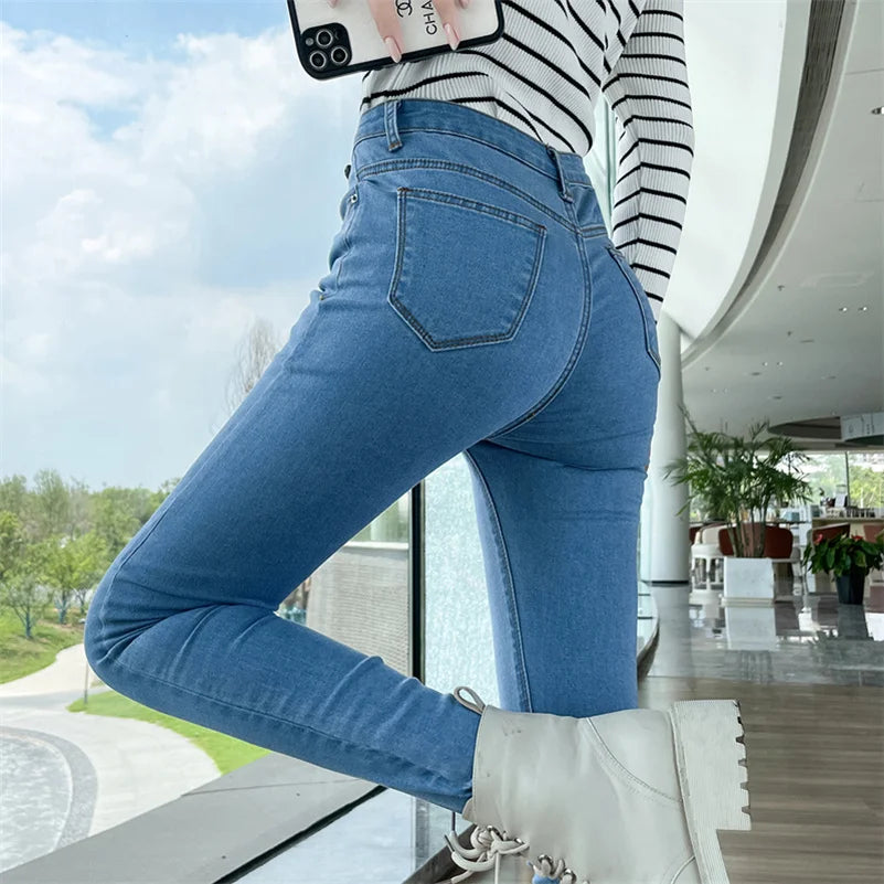 Women Stretch Jeans Lady Slim Skinny Pencil Jeans High Waist Vintage Pants Girls Leggings Straight Leg Korea Fashion Trousers