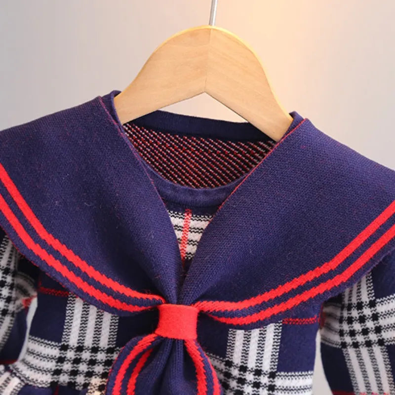 Toddler Girl Sweater Dress 2023 New Autumn Winter Warm 0-7Y Girls Plaid Knitted Sweater Dress Bow College Style Kids Clothes