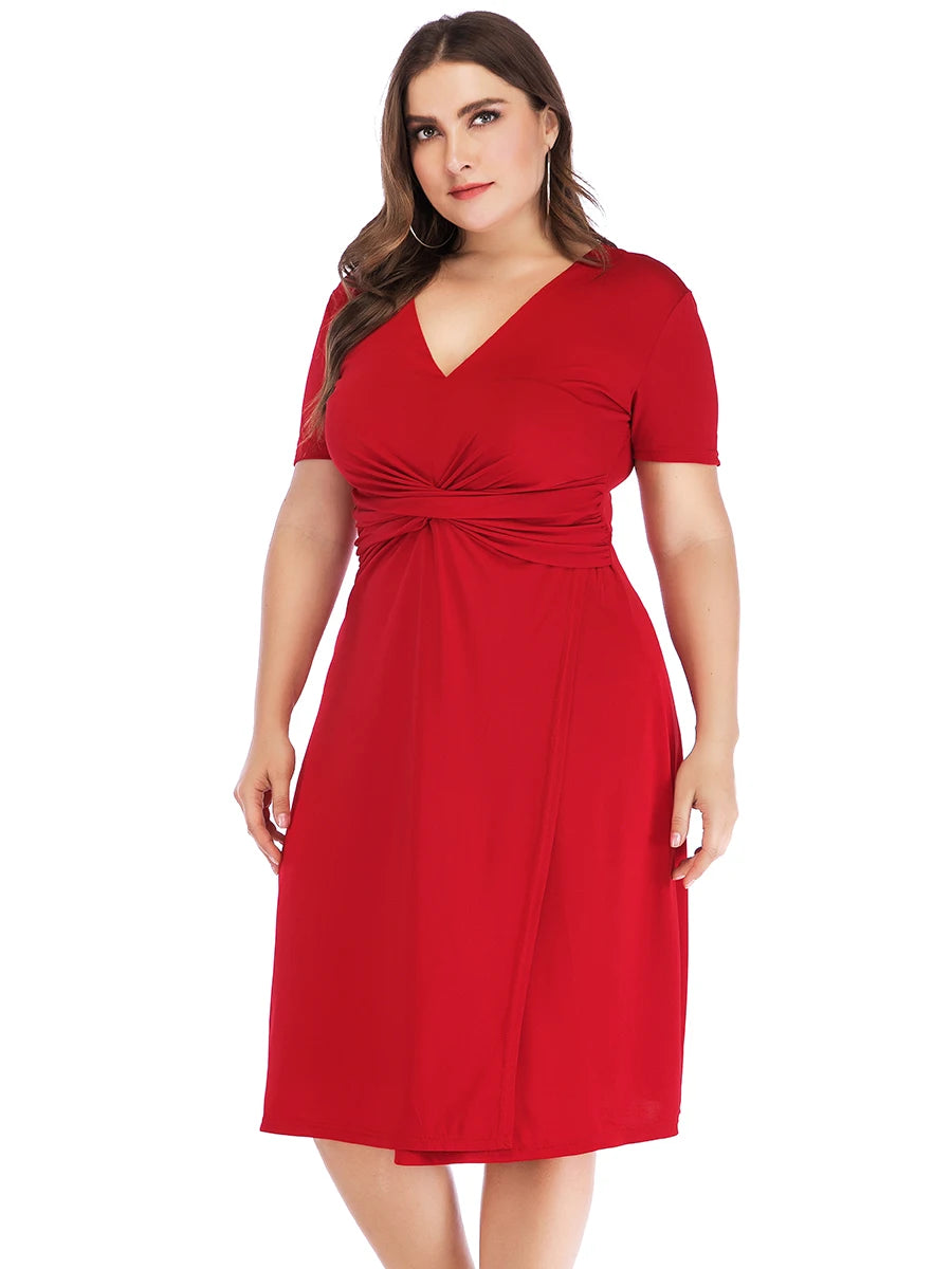 Plus Size Dress Woman 2023 Summer V Neck Short Sleeve Solid Casual Dress High Waist Red Midi Dress Curvy Size Women Clothing