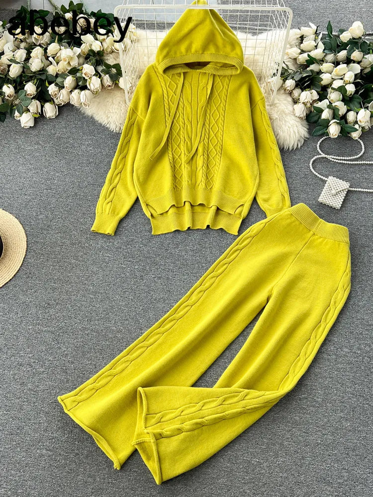 Two Piece With Hat Autumn Women Sweater Tracksuit Fashion loose Sweater+Pant Female Knit Warm Set Wide Leg Pants Suits Trousers