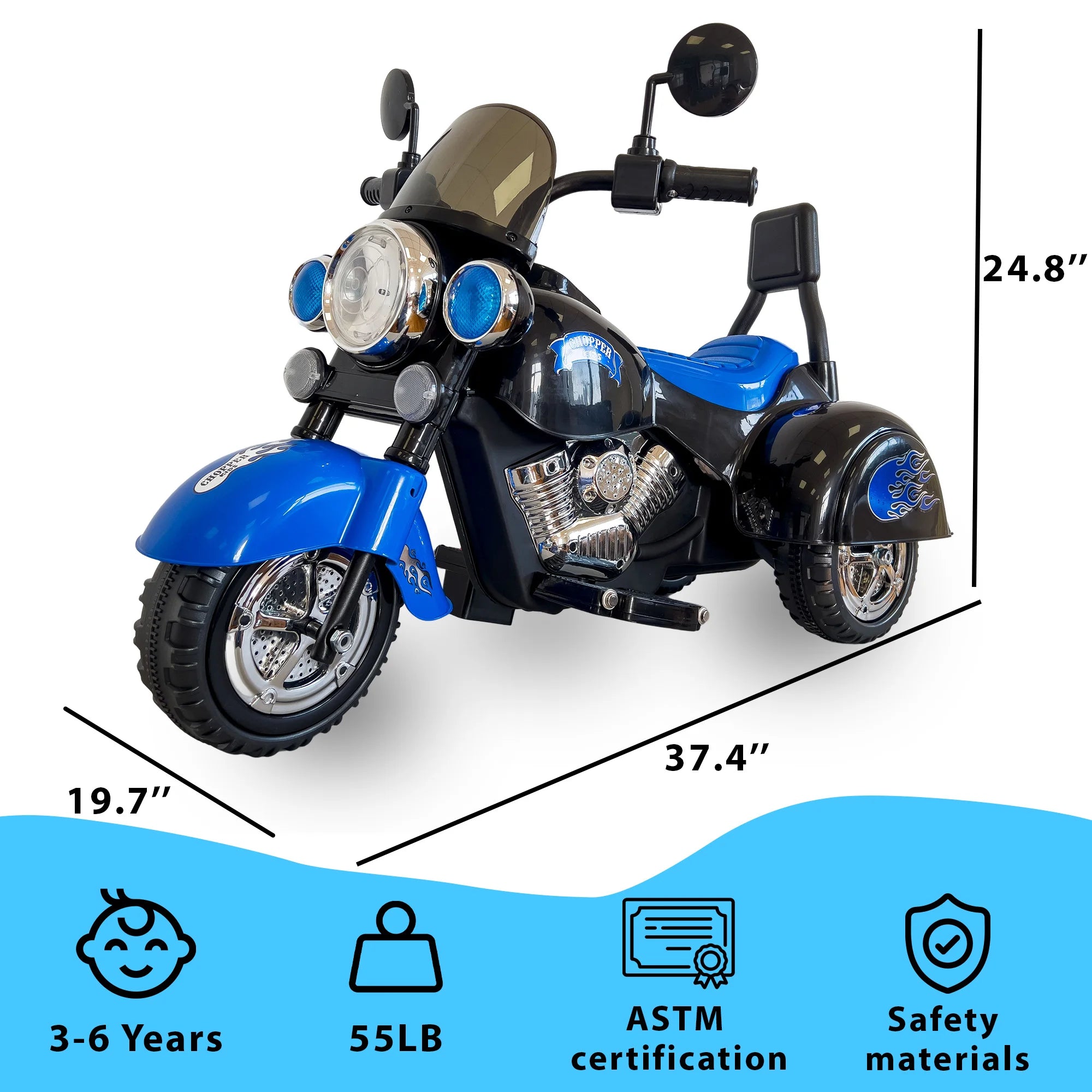 Kids Ride On Motorcycle Toy, 3-Wheel Chopper Motorbike with LED Colorful Headlights, Blue Riding on Electric Battery Powered Har