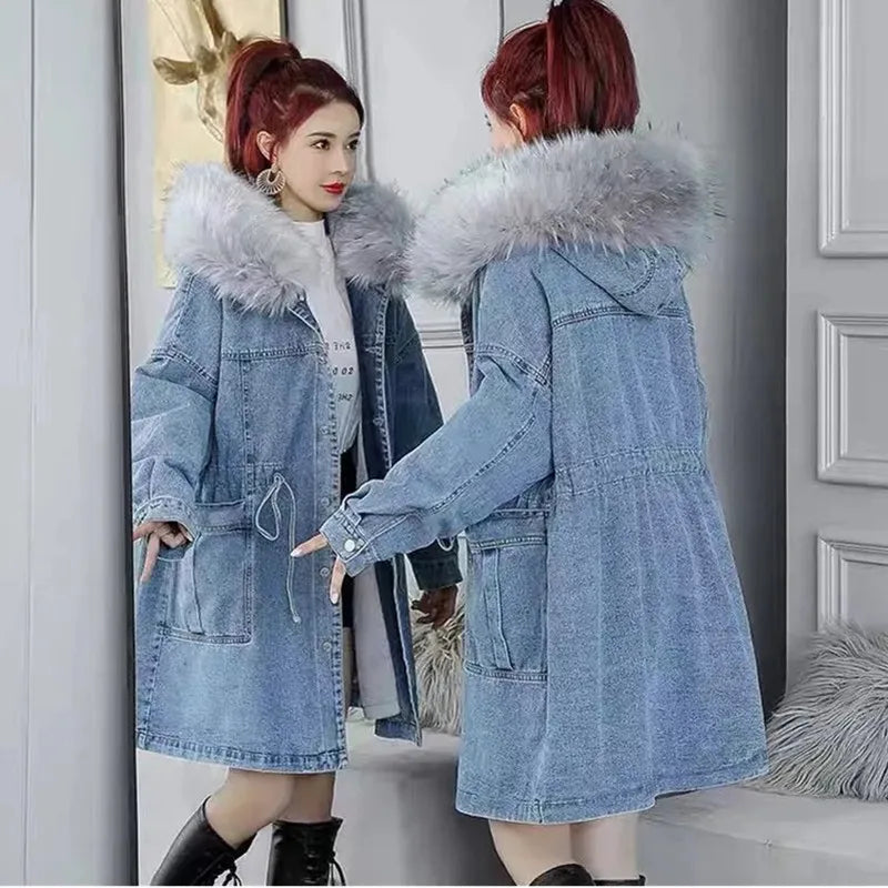 New Fur collar Hooded Fleece Denim Jacket Women's 2023 Winter Loose Thicken Jeans Jackets Female Warm Parka Long Casual Overcoat