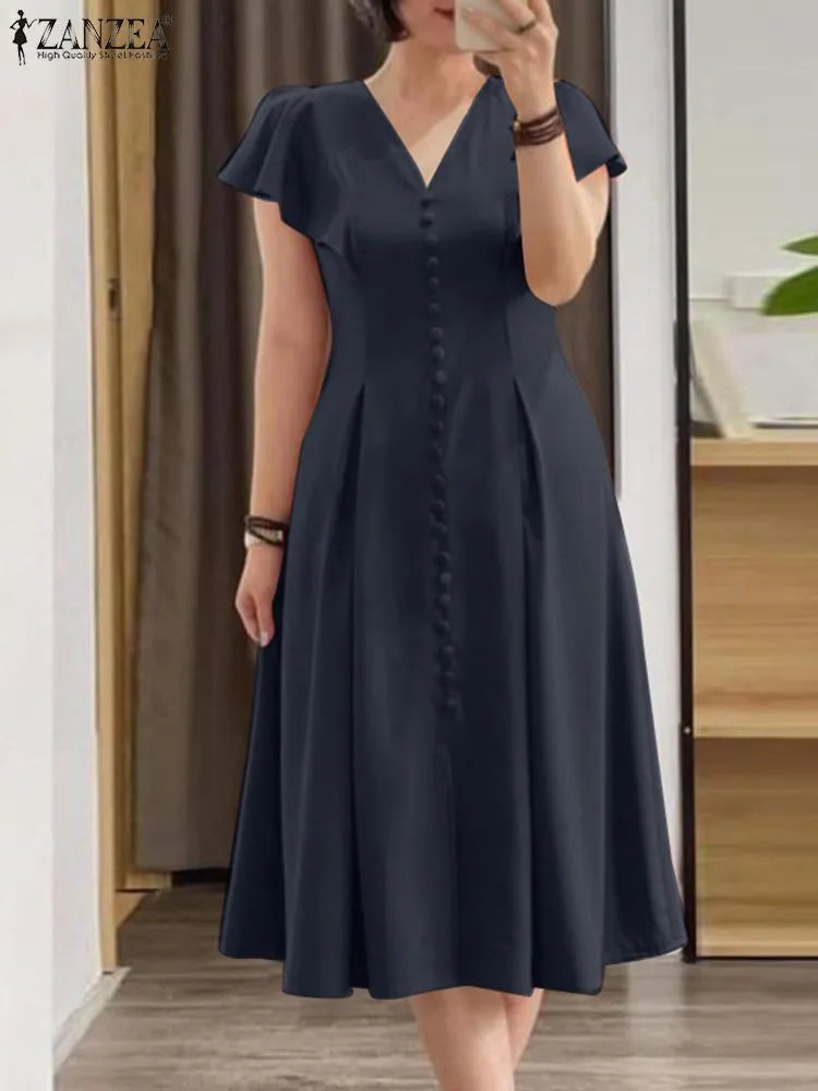 ZANZEA Summer Elegant V Neck Short Sleeve Dress Fashion Women Solid Pleated Mid-calf Sundress Robe Femme Work OL Vestido Kaftan