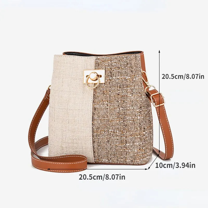 Women Patchwork Crossbody Bag Bucket Faux Leather Circle Buckle Shoulder Bags Fashion Trendy Female Totes Stitching Bag