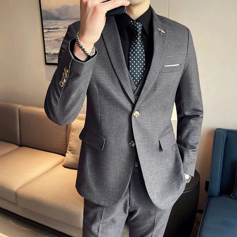 Jacket Vest Pants High End Brand Casual Business Formal Office Plaid Men's Suit Groom Wedding Dress Party Suit  Blazer Trousers