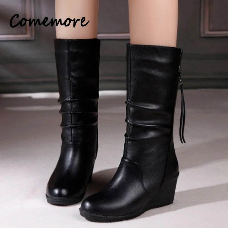 Comemore 2023 New Thick-soled Boots Women Spring Autumn Mid-tube Short Boot Women's Heeled Warm Shoes Leather Casual High Heels