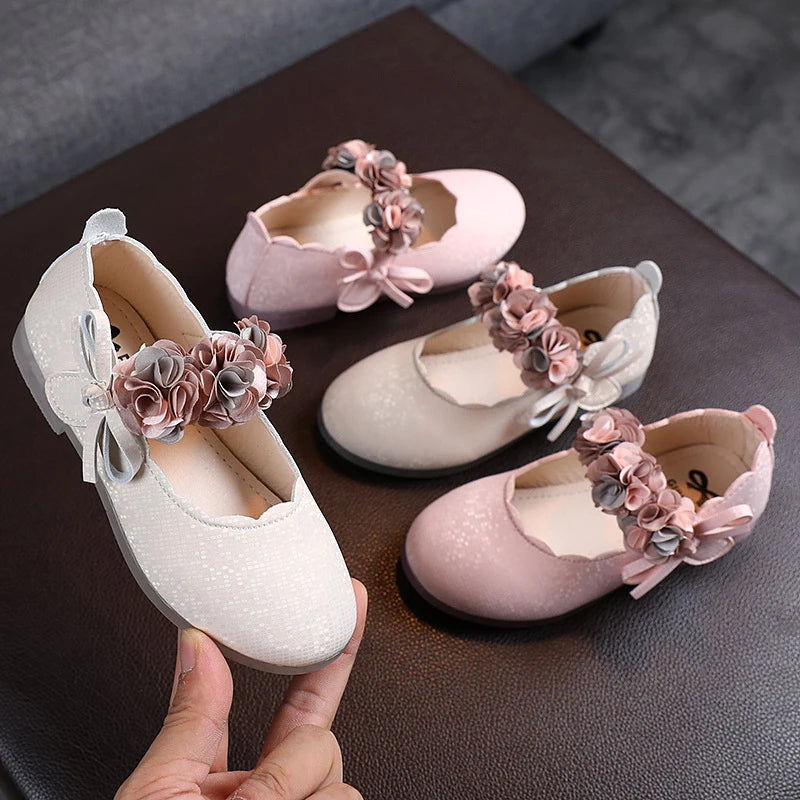 Children's Shoes Flats Soft Sole Lace Flower Princess Party Performance Shoes Baby Student Girl Kids PU Leather Flats