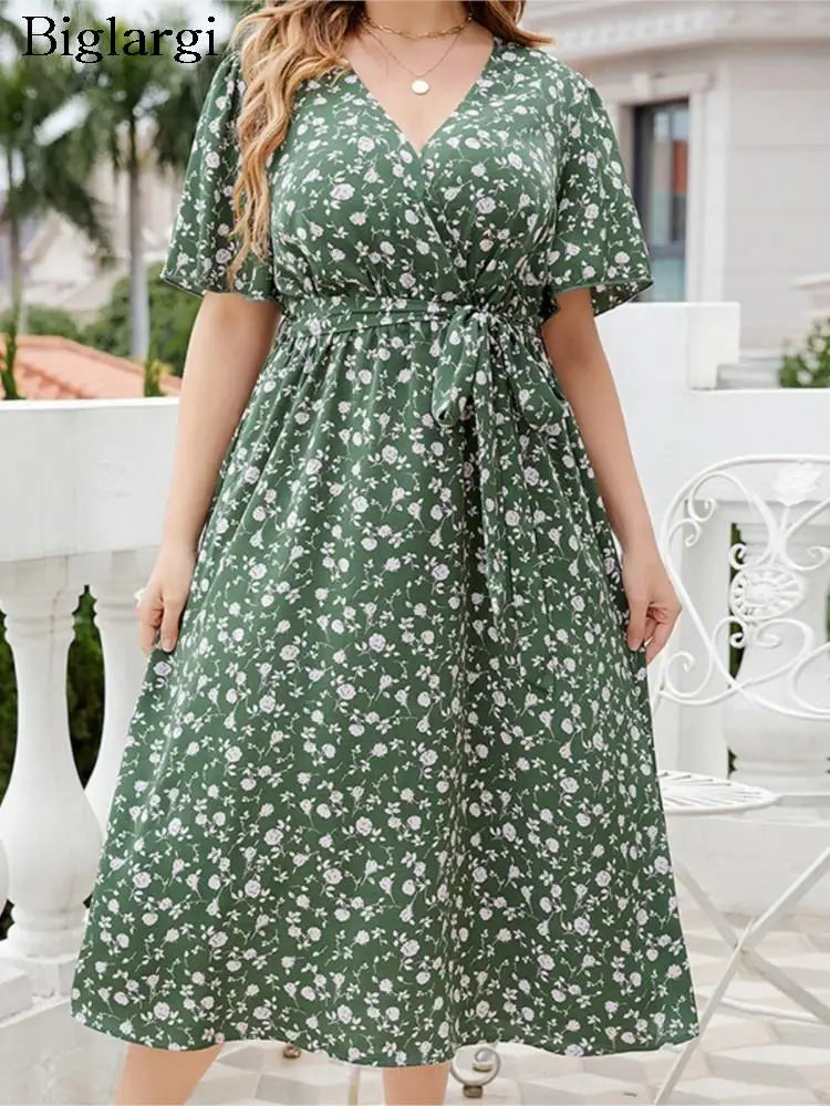 Plus Size Summer Midi Dress Women Floral Flower Print Casual Ladies Dresses Fashion Woman Dress 2023 Vestido Mujer