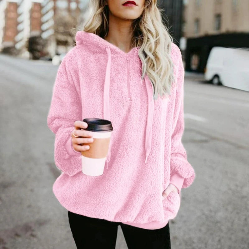 Autumn Winter Hoodies Long Sleeve Warm Coat Pullover Sweatshirt Plush Turtleneck Zipper Neck Women Fluffy Loose Hooded Outerwear