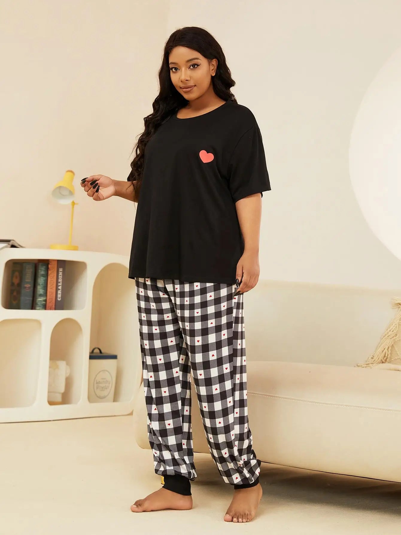 Plus Size Women's Pajamas Set Scew Neck Plaid Love Print Summer Short Sleeves Sleepwear Drawstring Long Btoom Nightwear Clothes