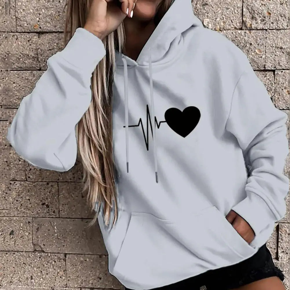 Dropshipping!! New Arrival Women Hoodie Drawstring Warm Pullover Heart Print Spring Hoodie