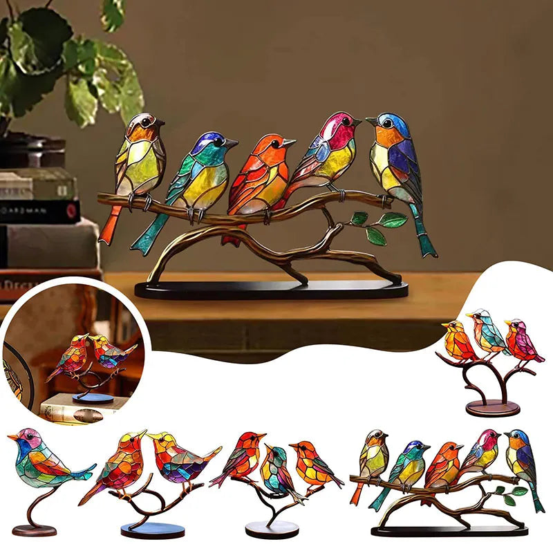 1-5pcs Manual Stained Acrylic Birds On Branch Desktop Ornaments Acrylic Material Double Sided Multicolor Style Birds Decorations