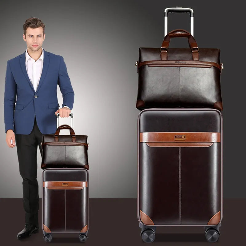 Men Business PU Leather Rolling Luggage Set Spinner 24 Inch Retro Wheel Suitcases 20 Inch Cabin Password Trolley Luggage