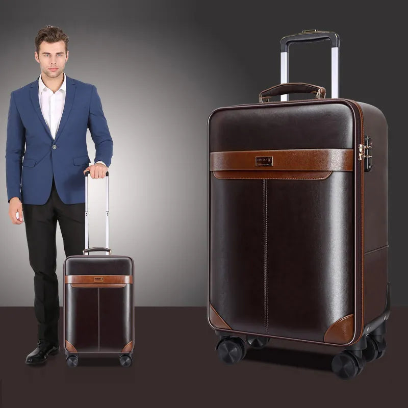 Men Business PU Leather Rolling Luggage Set Spinner 24 Inch Retro Wheel Suitcases 20 Inch Cabin Password Trolley Luggage