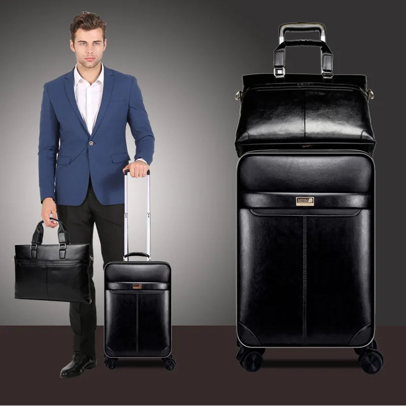 Men Business PU Leather Rolling Luggage Set Spinner 24 Inch Retro Wheel Suitcases 20 Inch Cabin Password Trolley Luggage